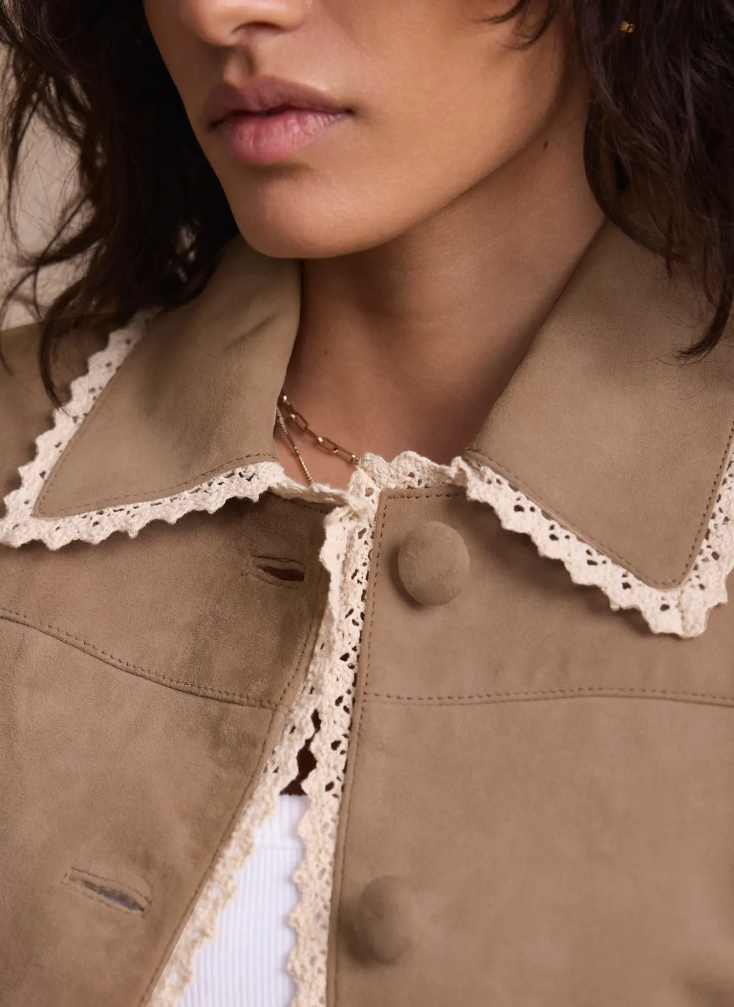 Neutral Suede Crochet Trim Jacket
