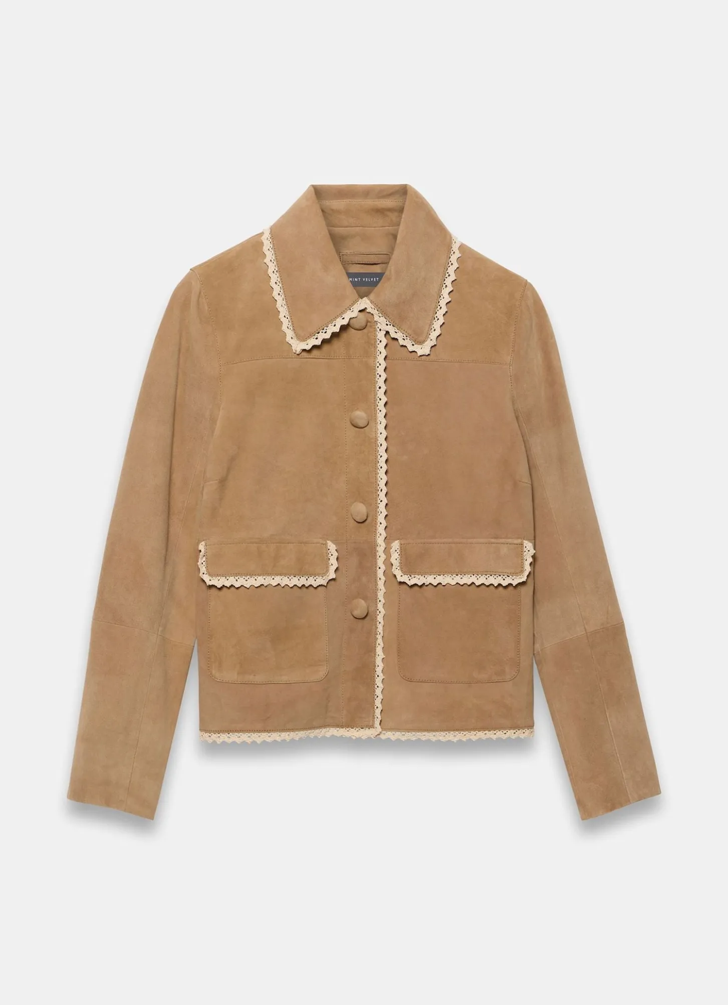 Neutral Suede Crochet Trim Jacket