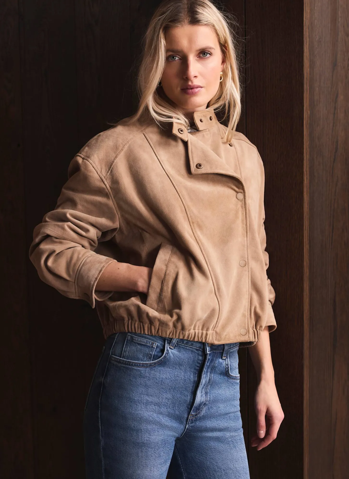 Neutral Suede Cropped Pilot Bomber Jacket