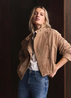 Neutral Suede Cropped Pilot Bomber Jacket
