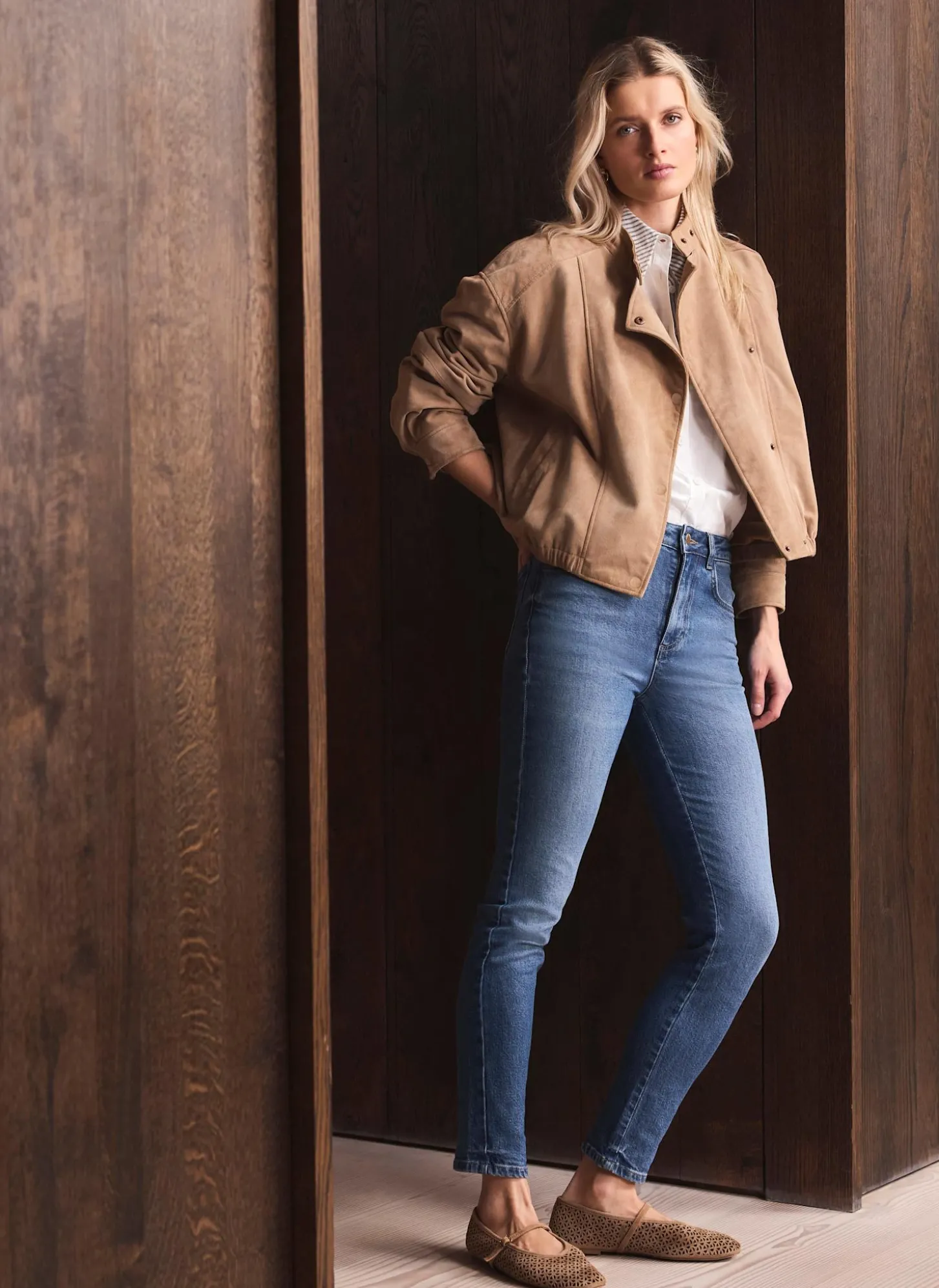 Neutral Suede Cropped Pilot Bomber Jacket
