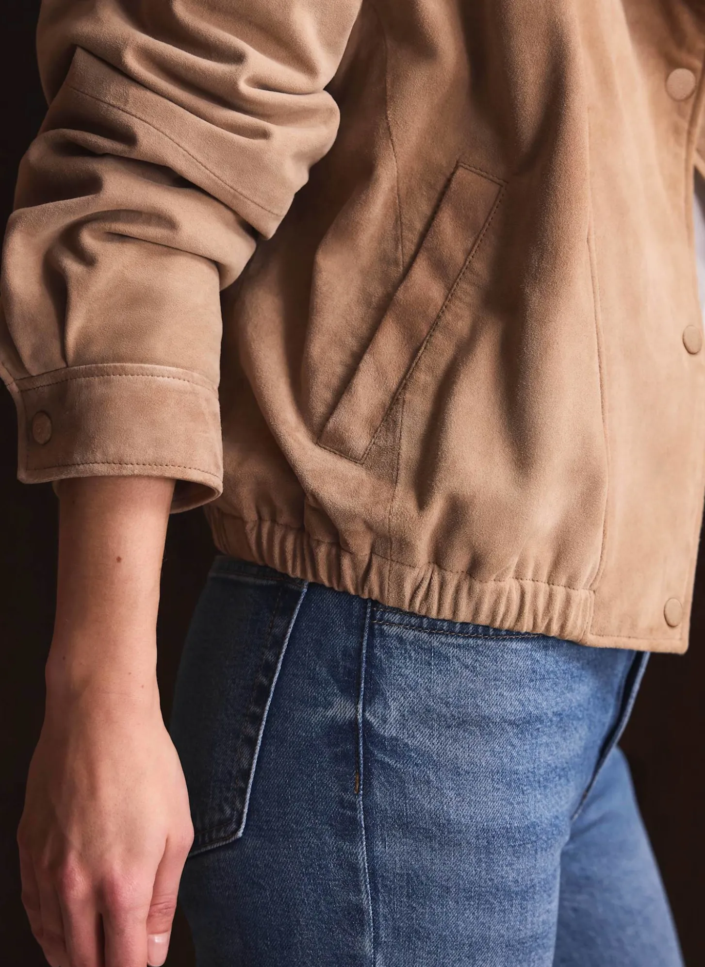 Neutral Suede Cropped Pilot Bomber Jacket