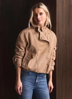 Neutral Suede Cropped Pilot Bomber Jacket