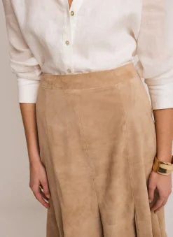 Neutral Suede Godet Midi Skirt