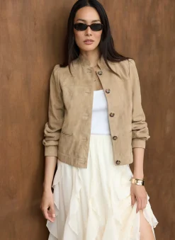 Neutral Suede Puff Sleeve Jacket