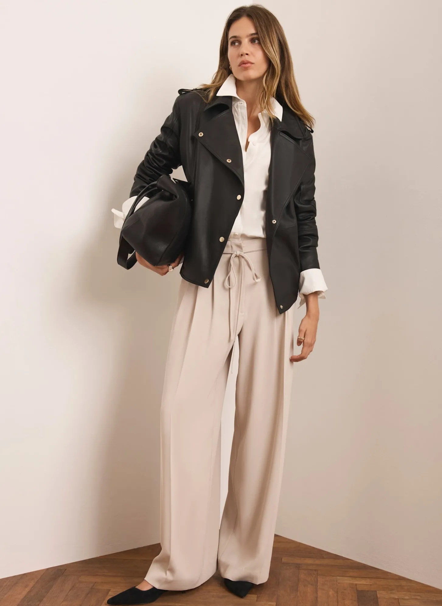 Neutral Tie Waist Wide Trousers
