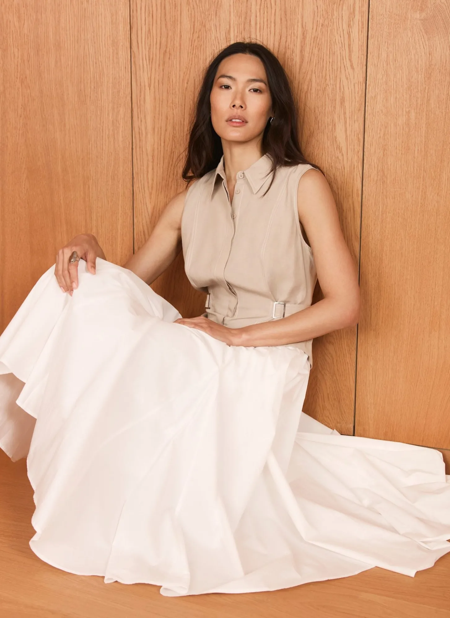 Neutral Waistcoat Layered Midi Dress