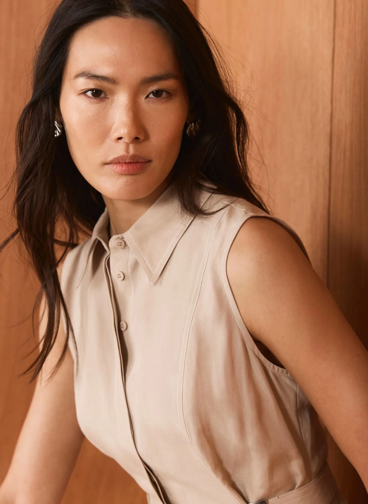Neutral Waistcoat Layered Midi Dress