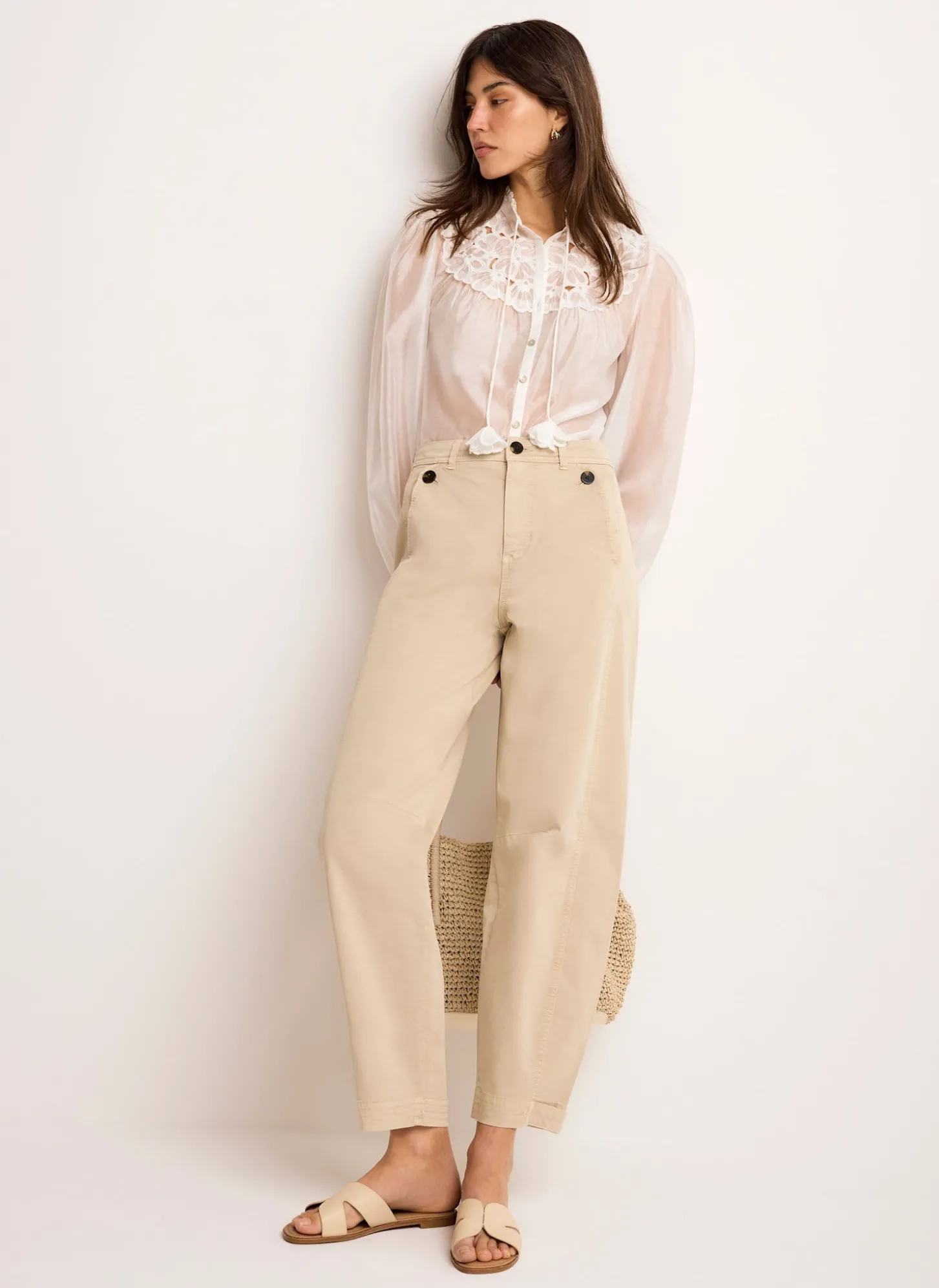 Neutral Washed Barrel Leg Chino Trousers