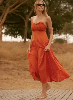 Orange Cotton Embroidered Midi Dress