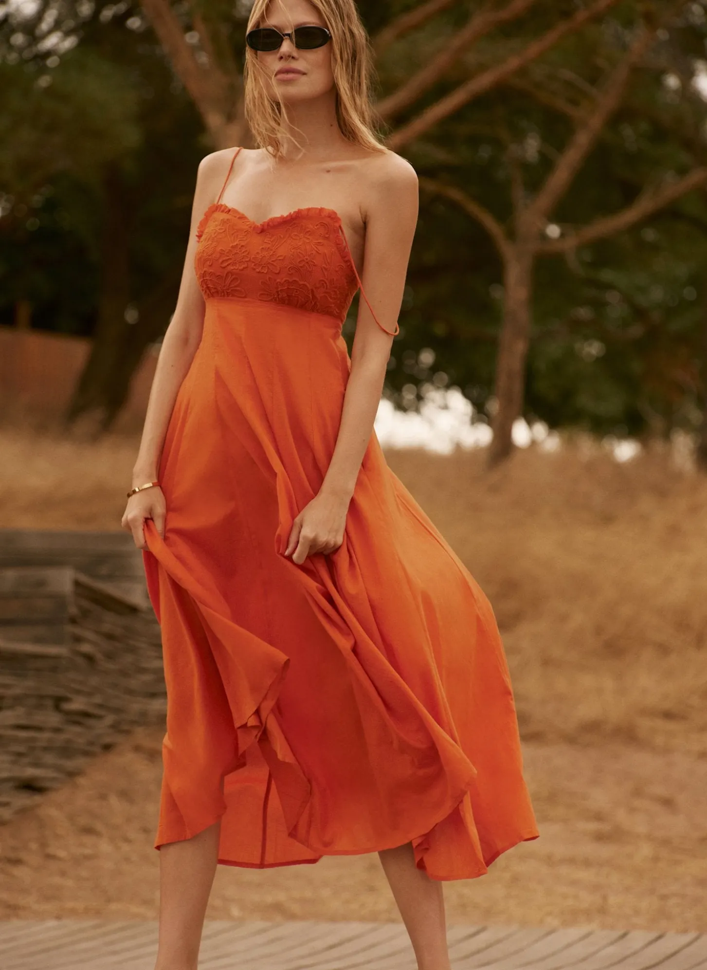 Orange Cotton Embroidered Midi Dress