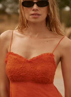 Orange Cotton Embroidered Midi Dress