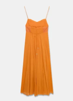 Orange Cotton Embroidered Midi Dress