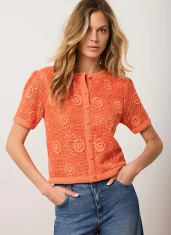 Orange Cotton Sequin Flower Crochet Top