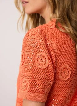Orange Cotton Sequin Flower Crochet Top