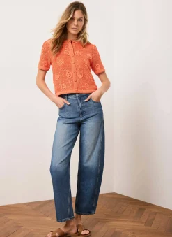 Orange Cotton Sequin Flower Crochet Top
