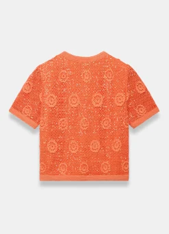Orange Cotton Sequin Flower Crochet Top