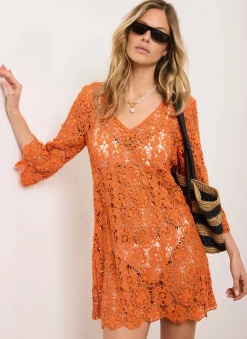 Orange Crochet Beach Mini Dress