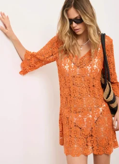 Orange Crochet Beach Mini Dress