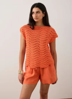 Orange Embellished Crochet Knit Top