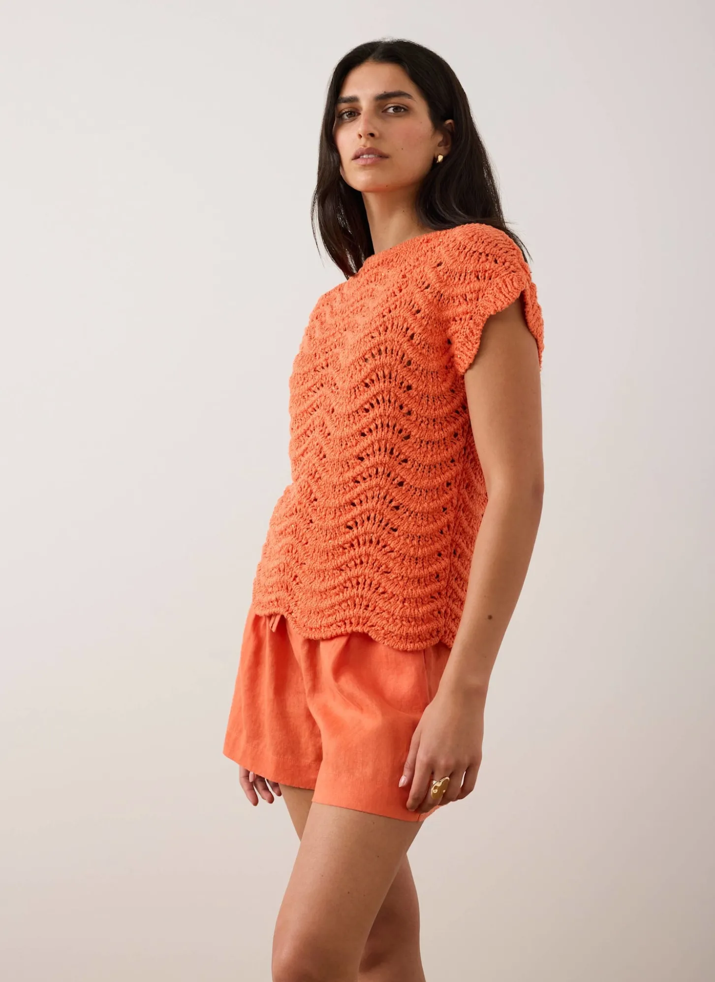 Orange Embellished Crochet Knit Top