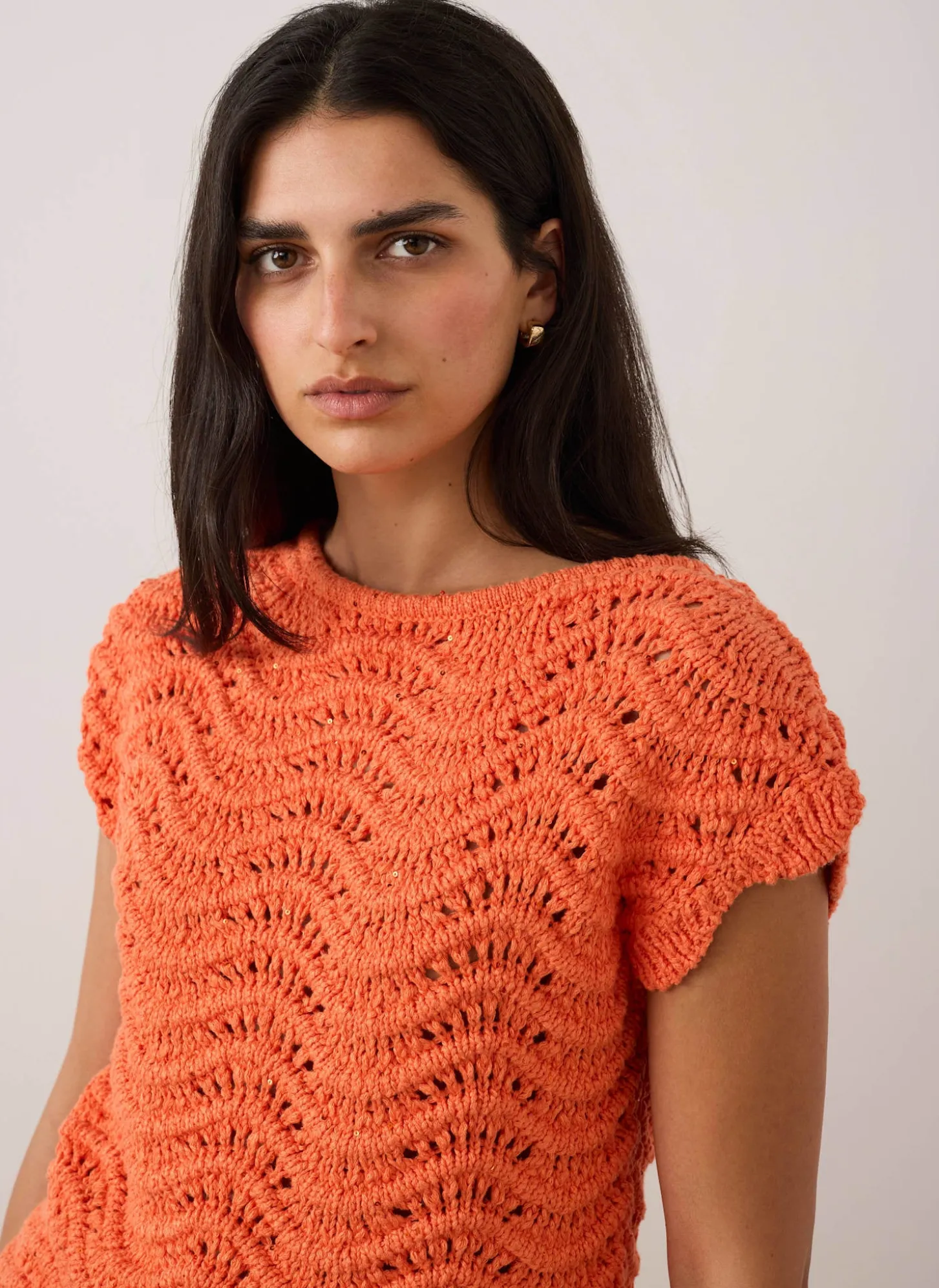Orange Embellished Crochet Knit Top