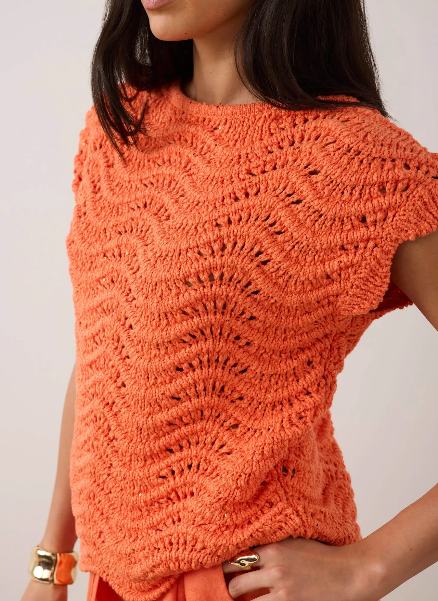 Orange Embellished Crochet Knit Top
