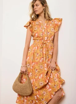 Orange Floral Print Cotton Midi Dress