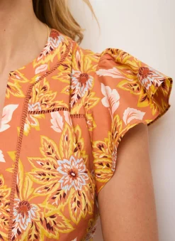 Orange Floral Print Cotton Midi Dress