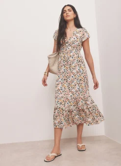 Orange Floral Print Midi Dress
