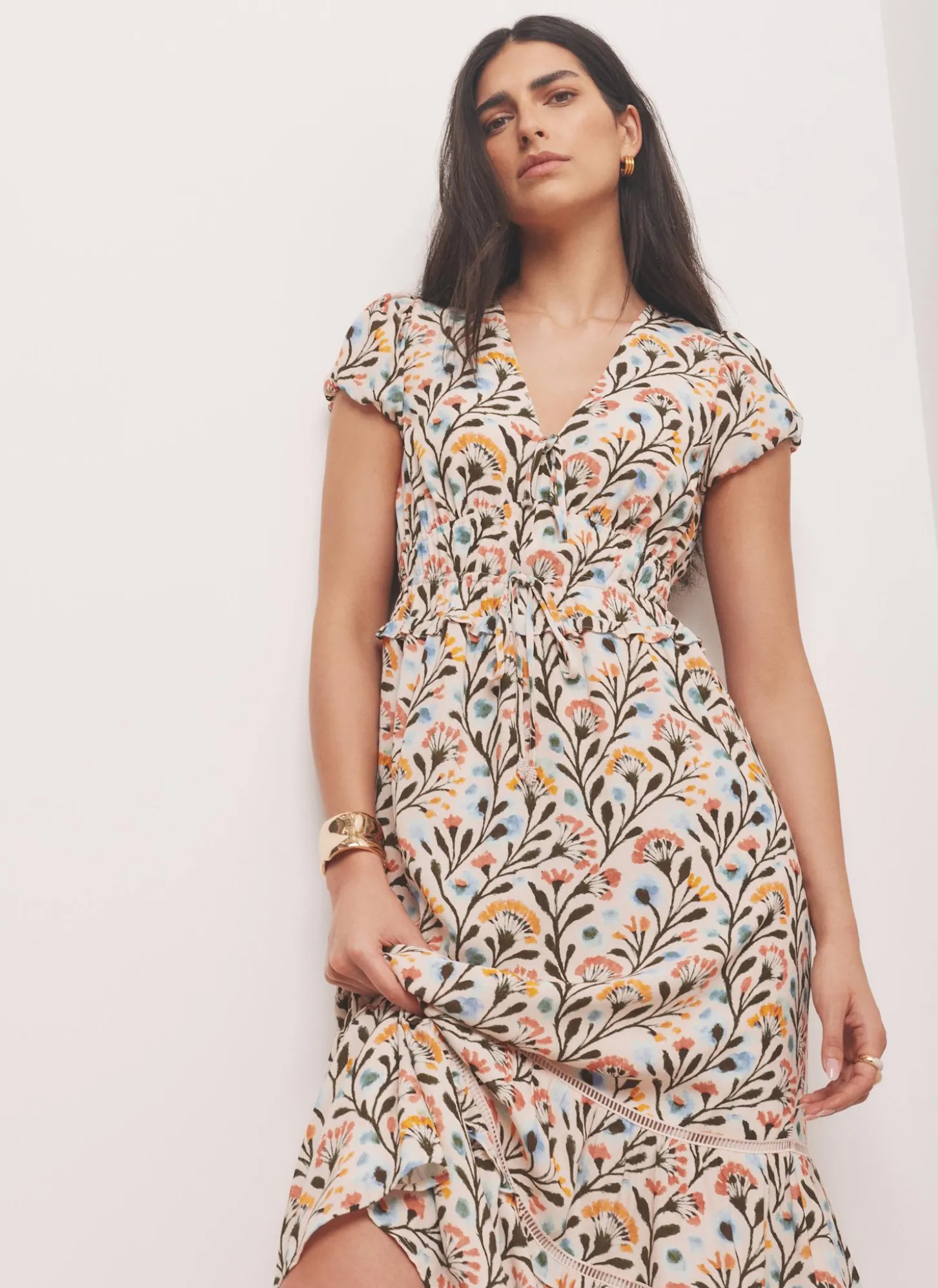 Orange Floral Print Midi Dress