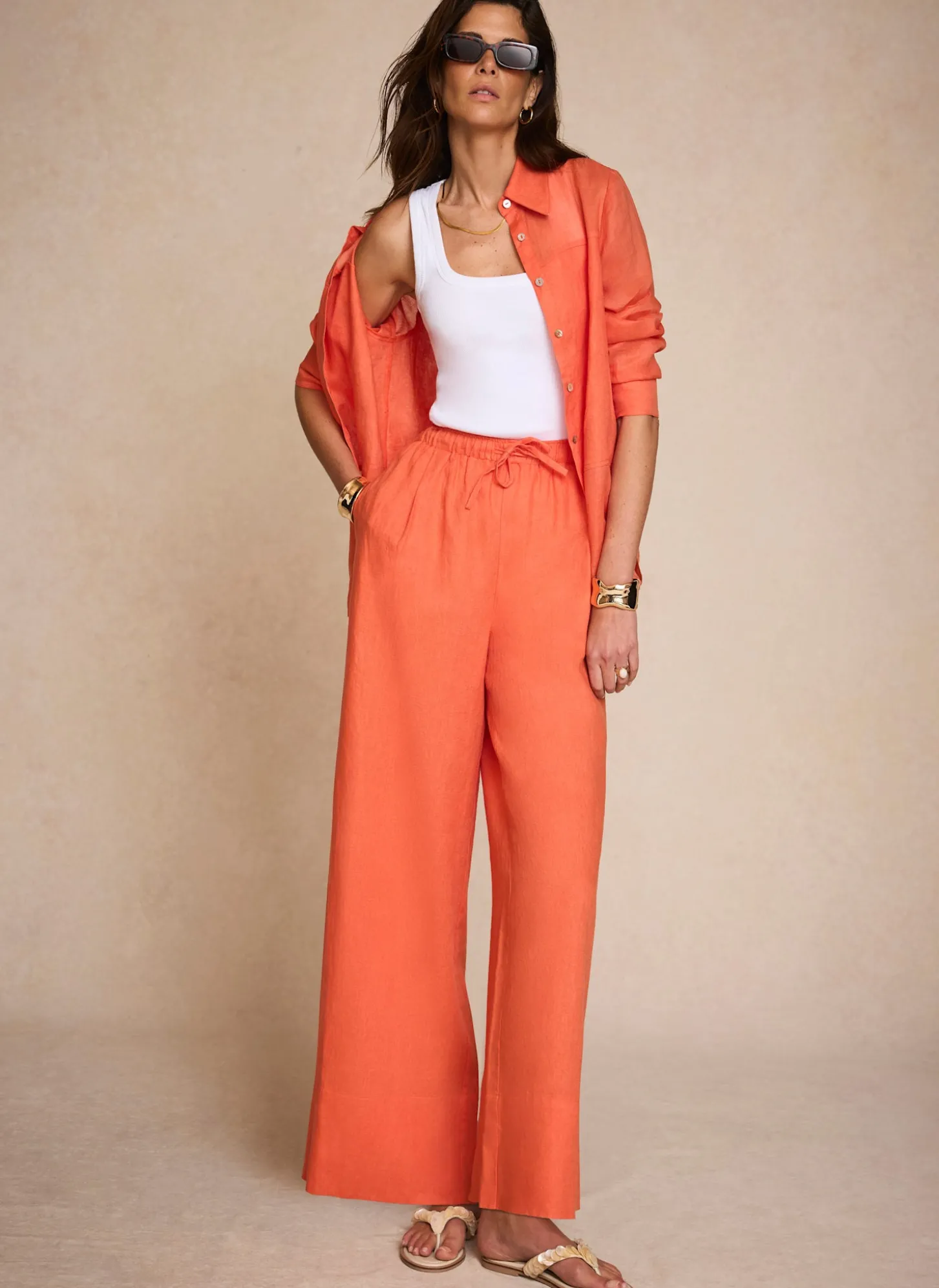 Orange Linen Drawstring Wide Leg Trousers