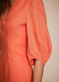 Orange Linen Puff Sleeve Midi Dress