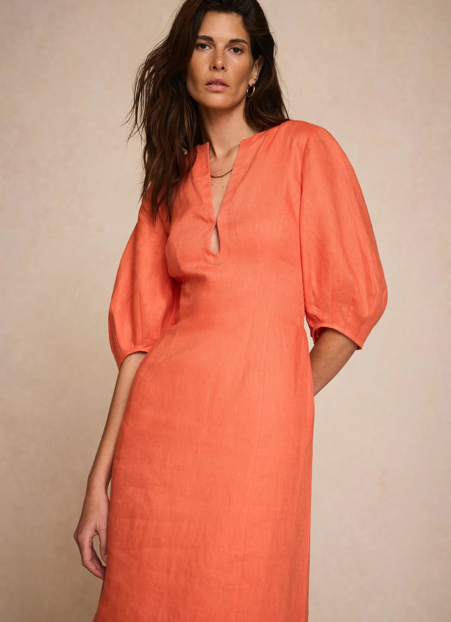 Orange Linen Puff Sleeve Midi Dress