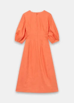 Orange Linen Puff Sleeve Midi Dress