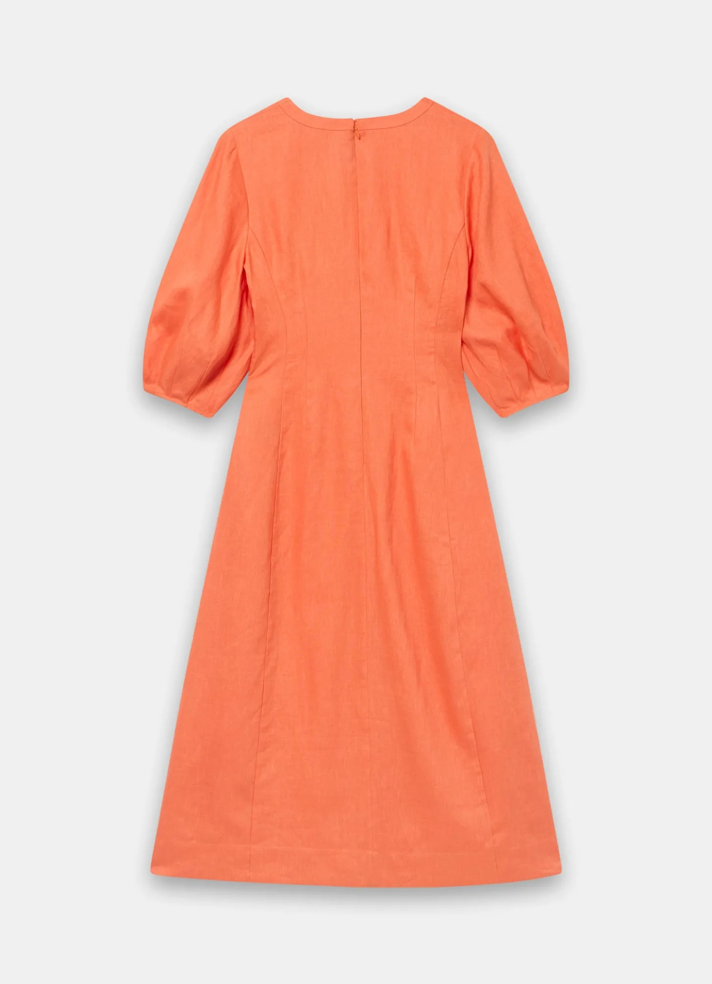 Orange Linen Puff Sleeve Midi Dress