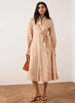 Orange Stripe Wrap Midi Shirt Dress