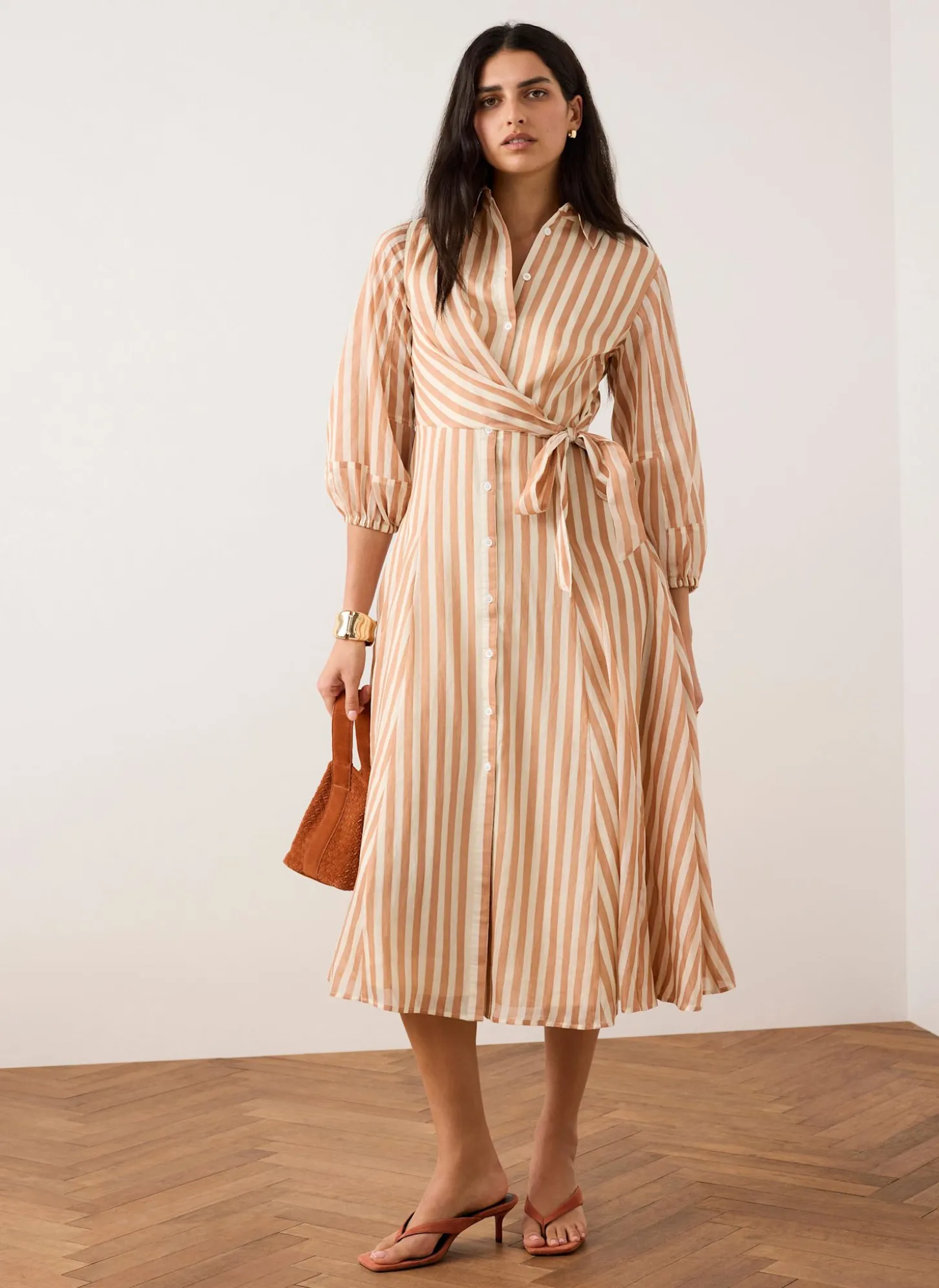 Orange Stripe Wrap Midi Shirt Dress