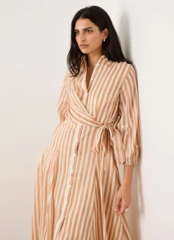 Orange Stripe Wrap Midi Shirt Dress