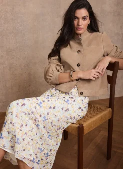 Pale Blue Floral Print Midi Skirt