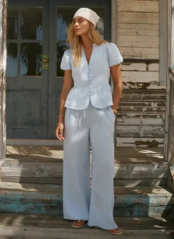 Pale Blue Linen Drawstring Wide Leg Trousers