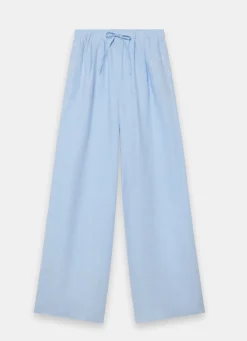 Pale Blue Linen Drawstring Wide Leg Trousers
