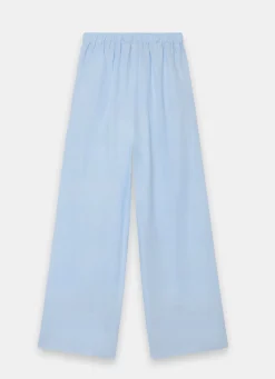 Pale Blue Linen Drawstring Wide Leg Trousers