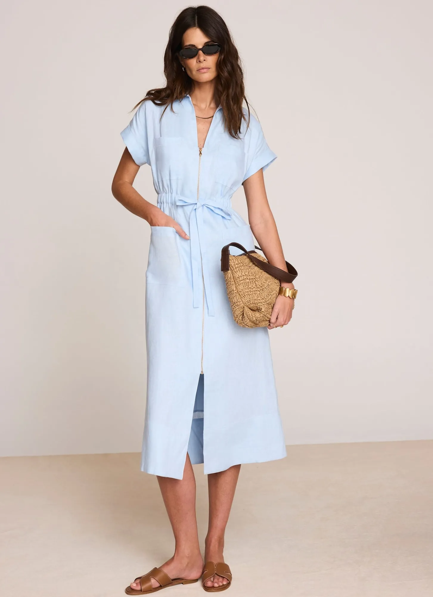 Pale Blue Linen Midi Shirt Dress