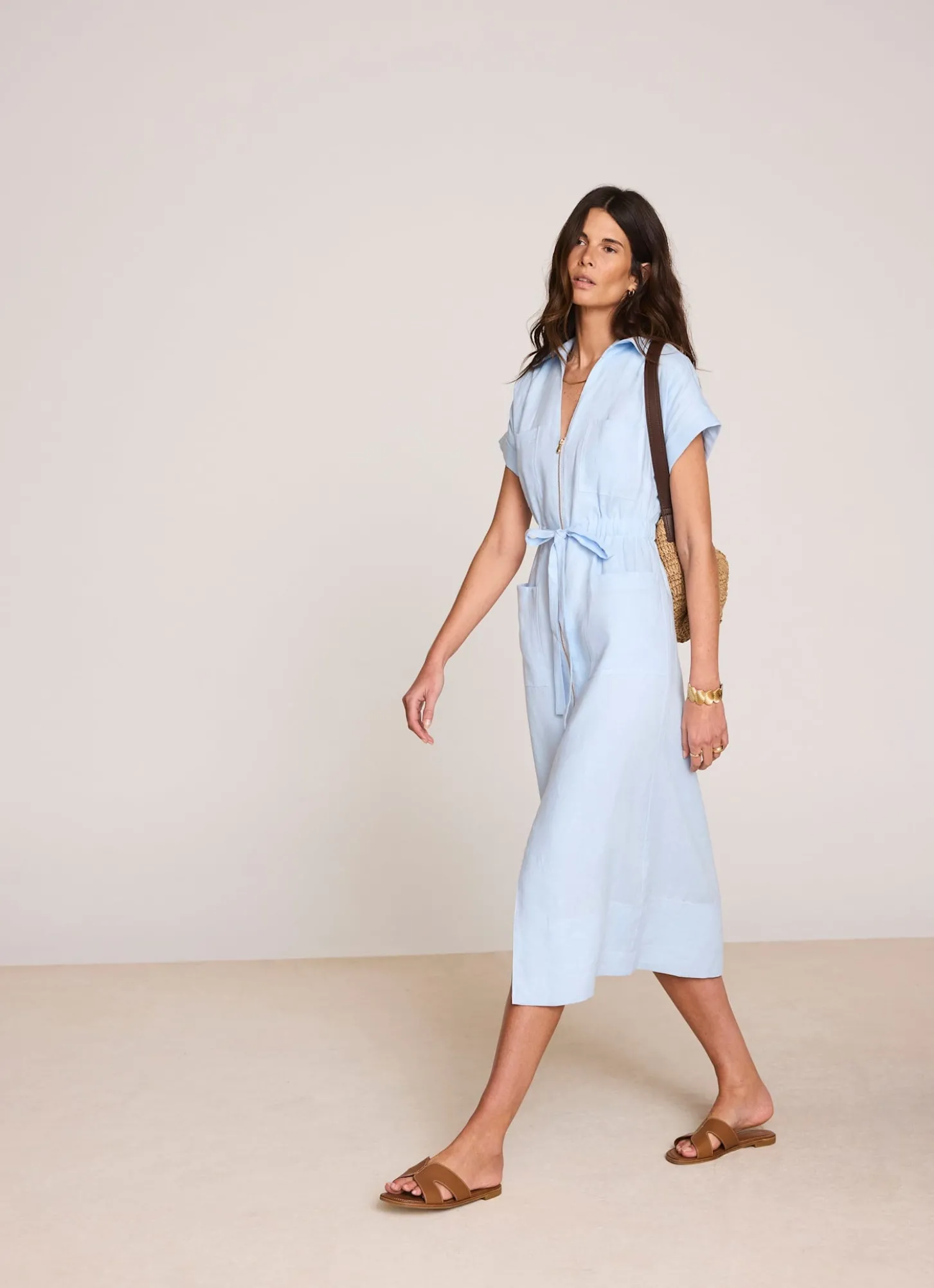Pale Blue Linen Midi Shirt Dress