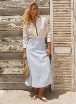Pale Blue Ramie Drop Waist Midi Skirt