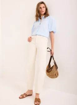 Pale Blue Ramie Scallop Puff Sleeve Shirt