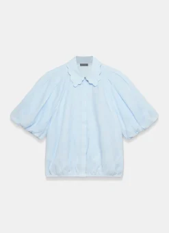 Pale Blue Ramie Scallop Puff Sleeve Shirt