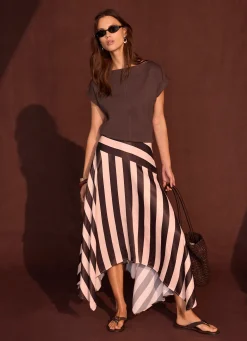 Pink & Brown Satin Striped Midi Skirt