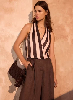 Pink & Brown Striped Wrap Top